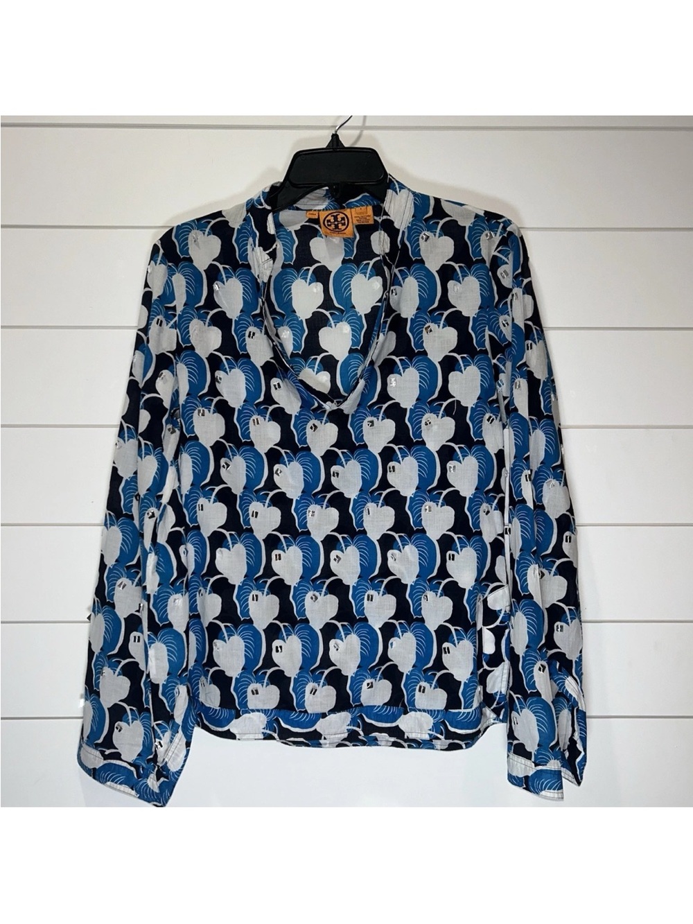 TORY BURCH BLUE WHITE LEAF PRINT TUNIC 100% COTTON SIZE 6 preppy old money